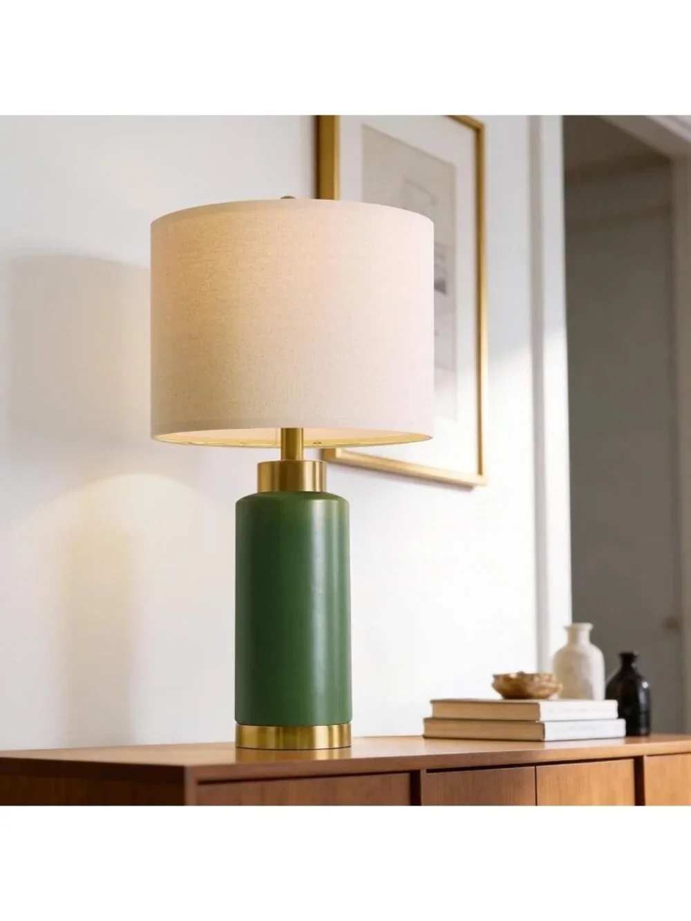 Set of 2 Modern Green Ceramic Table Lamps - Mid-Century Nightstand Lighting
